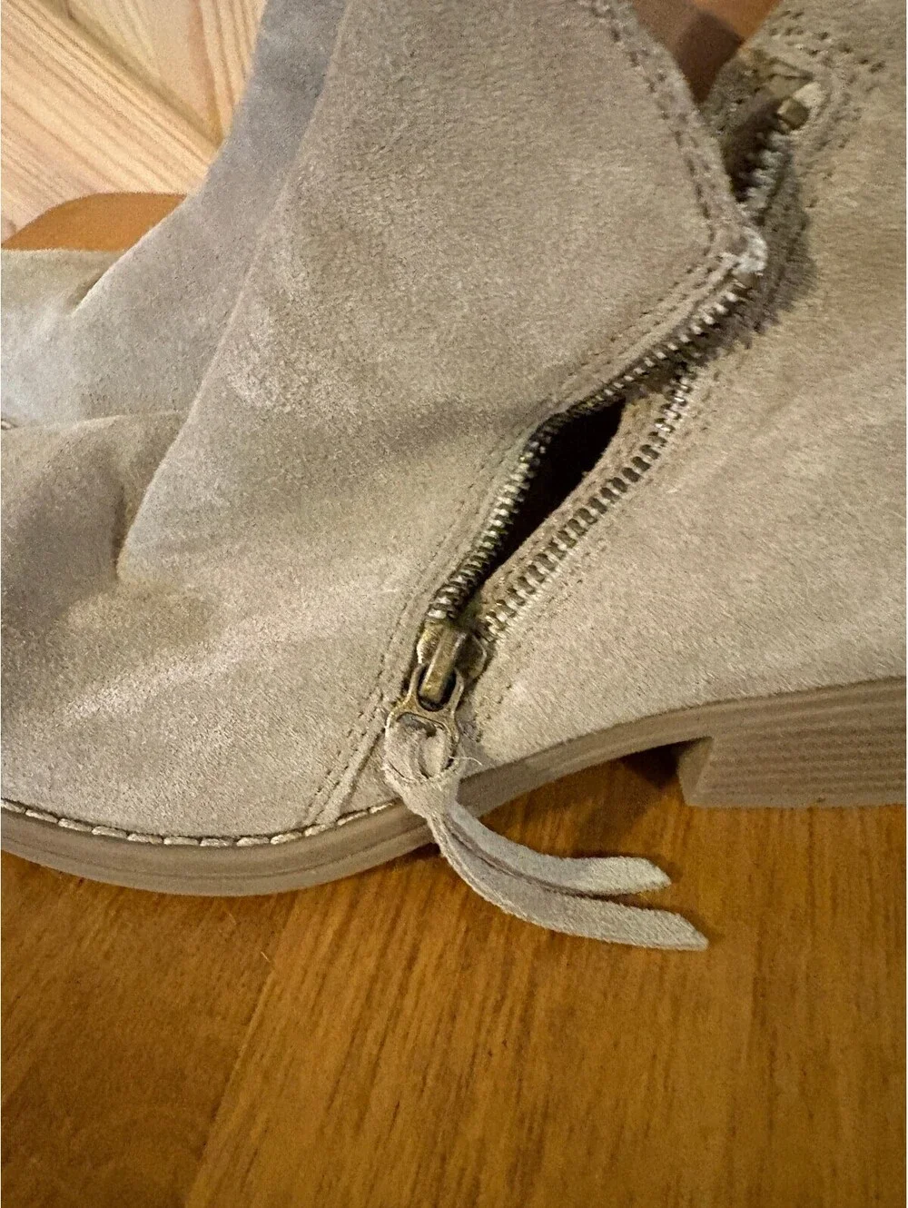 Beige Suede Ankle Boots with Side Zipper and Block Heel